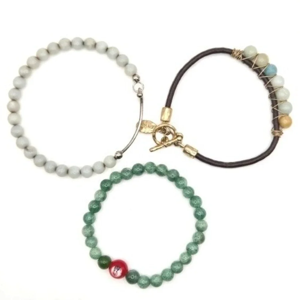 Lot of 3 Boho Beaded Bracelets Stack – Leather Envious, Stone Stretch, Spiritual
